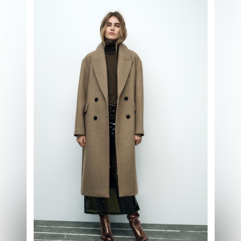 ZARA NWT Oversized Wool Blend Double Breasted Long Coat Tan L